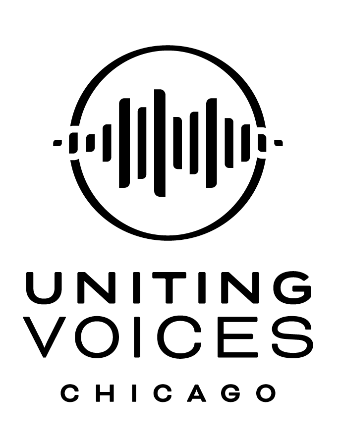 Logo for Uniting Voices Chicago: circular icon with a waveform above the bold text ‘UNITING VOICES’ and ‘CHICAGO’ underneath, in black on white.
